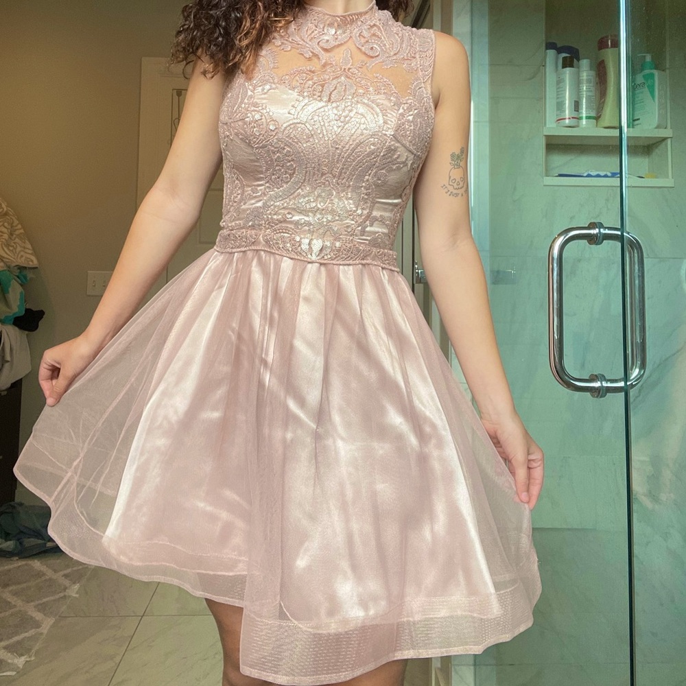 My Michelle Rose Gold With Sequin and Lace Formal Mini Dres Detailing Size One💗